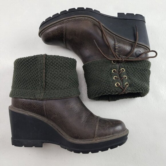 Timberland Kellis Mid Wedge Boot Womens 7.5 Brown Leather Lace Up Fold Down - Picture 8 of 12